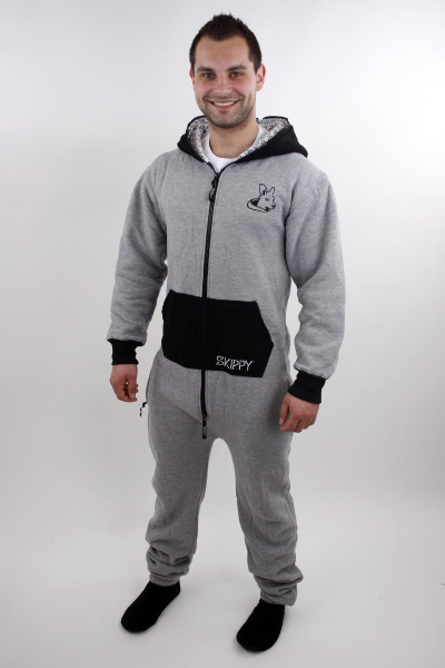 Šedé pánské dospělácké dupačky s černou kapucou a klokankou