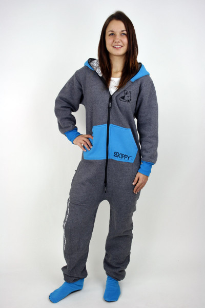 Šedé dupačky pro dospělé s modrou klokankou a kapucou